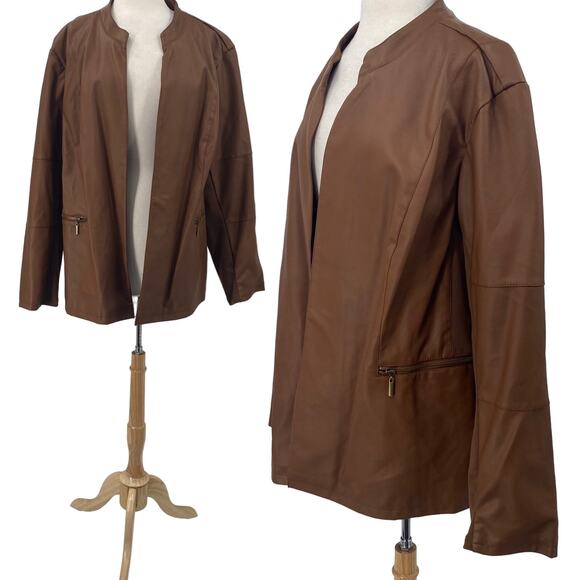 Avenue Faux Leather Jacket Open Front Knit Inserts Collarless Tan NEW Womens 5X - Picture 1 of 10